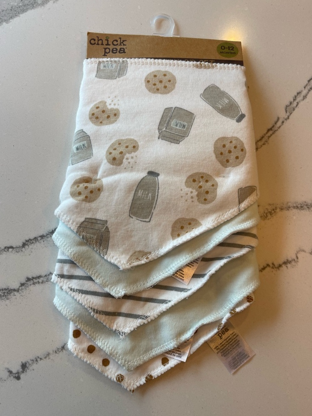 chick pea Baby Bandana Bib Set - White, Light Blue & Tan Accents